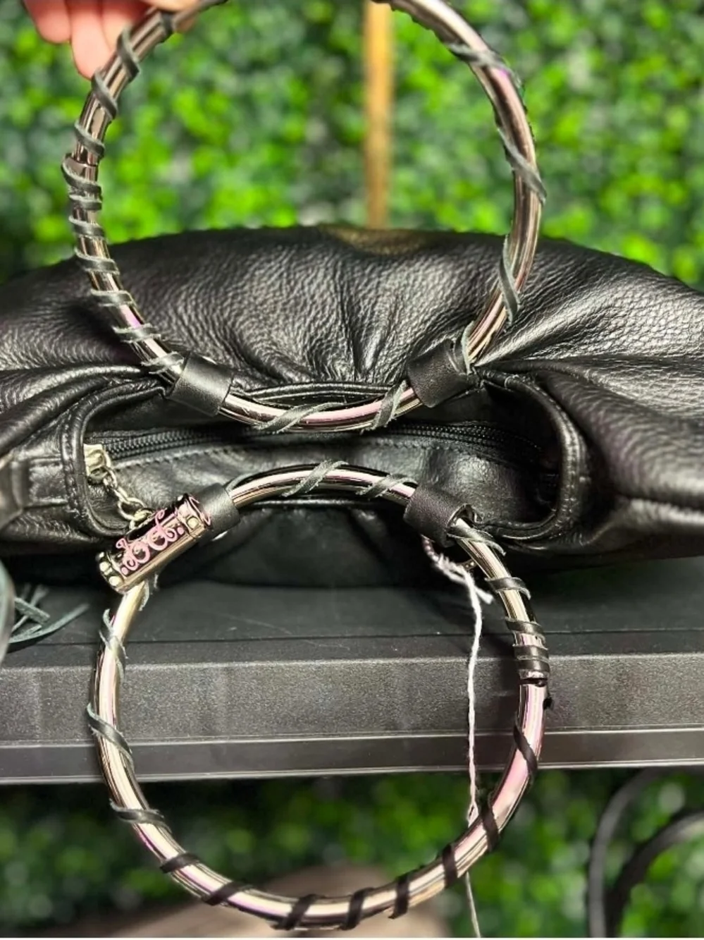 Vintage Babee D Black Pebbled Leather Ring Handle Crescent Hobo Bag